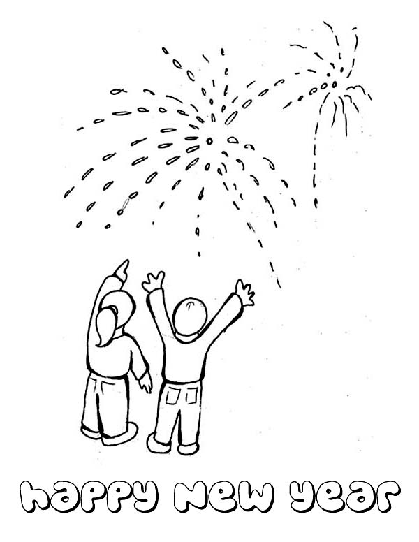 New Year, : A Beauiful Fireworks on the New Years Public Party Coloring Page