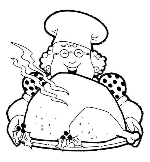 Thanksgiving Day, : A Chef Lady Serving a Yummy Thanksgiving Day Turkey Coloring Page