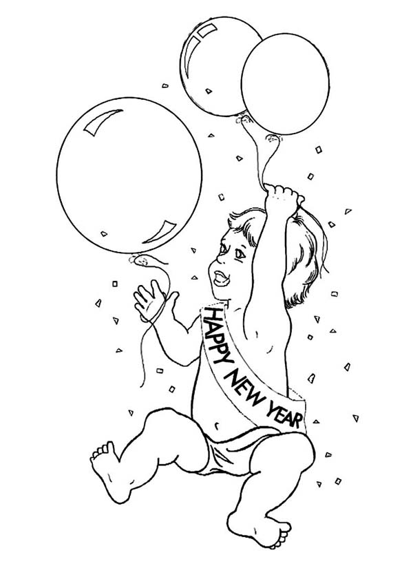 New Year, : A Chubby Baby New Year with New Years Balloons Coloring Page