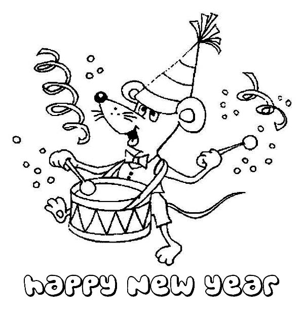 New Year, : A Cute Little Mouse Cheering the New Year by Playing Drum Coloring Page