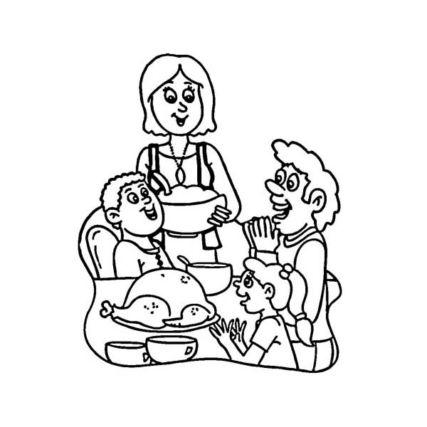 Thanksgiving Day, : A Happy Family on Thanksgiving Day Dinner Coloring Page