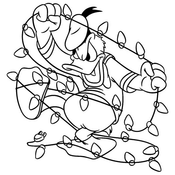 Christmas, : Donald Duck with Jumbled Christmas Decorations Coloring Page