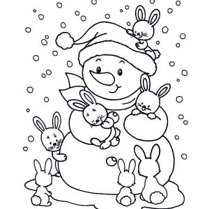 Winter, Friendly Snowman With Bunch Of Rabits During Winter Coloring Page: Friendly Snowman with Bunch of Rabits During Winter Coloring Page