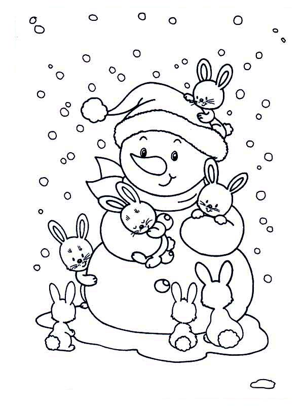 Winter, : Friendly Snowman with Bunch of Rabits During Winter Coloring Page
