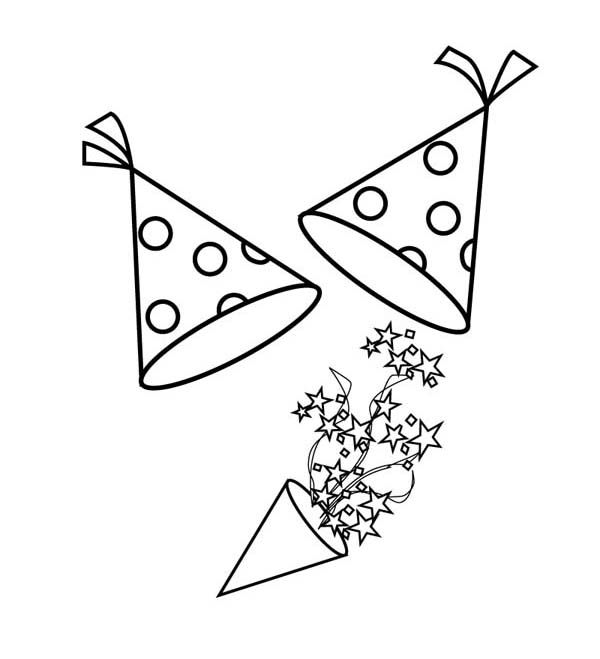 New Year, : Funny New Years Blower and Hat for the Party Coloring Page