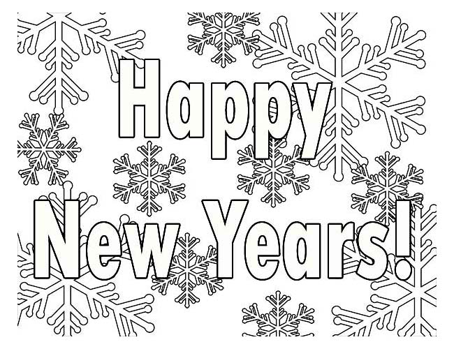 New Year, : Happy New Years Sign with Snowflake Decoration Coloring Page