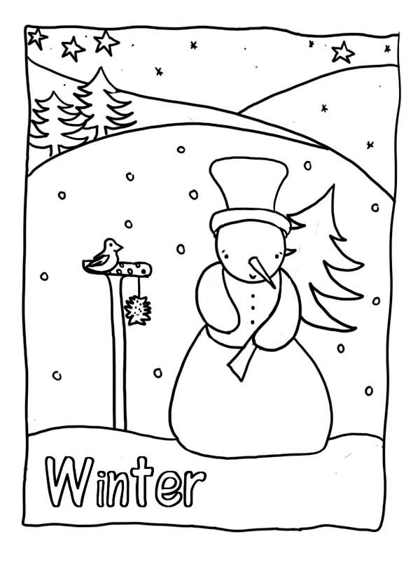 Winter, : Mr Snowman Holding a Pine Tree on Heavy Winter Coloring Page