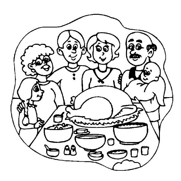 Thanksgiving Day, : Thanksgiving Day Dinner with Whole Families Coloring Page