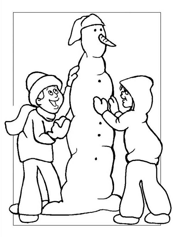 Winter, : Two Kids Making a Skinny Snowman on Winter Coloring Page