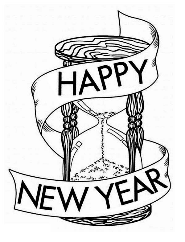 New Year, : Wishing a Happy New Year on the Hourglass Coloring Page