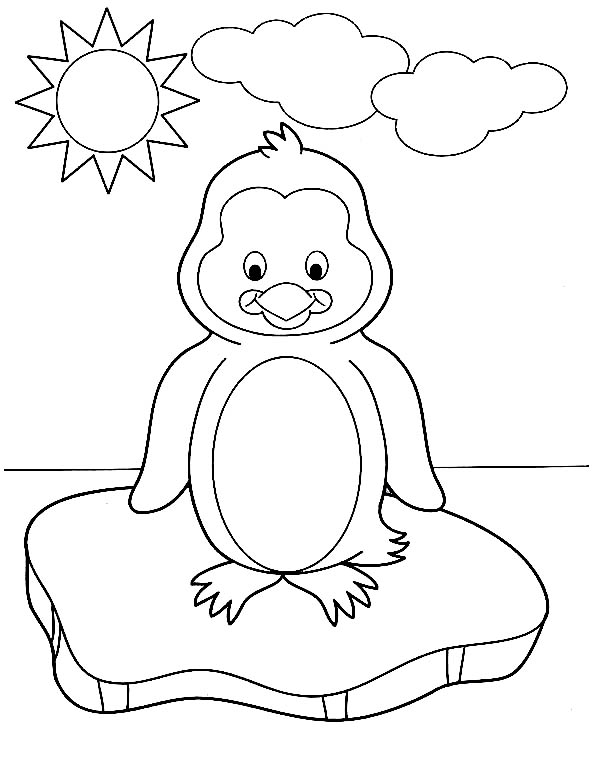 Penguins, : A Baby Penguin on the Ice Block During Sunny Day Coloring Page