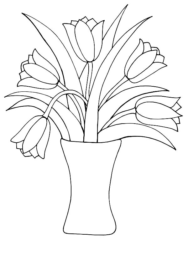 Tulips, : A Beautiful Tulips in a Vase for Decor Coloring Page