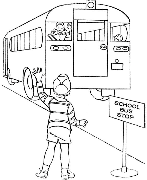 School Bus, : A Boy Waiting at School Bus Stop Coloring Page