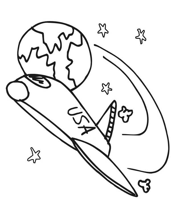 Space Shuttle, : A Cartoon Drawing of Space Shuttle Orbiting the Earth Coloring Page