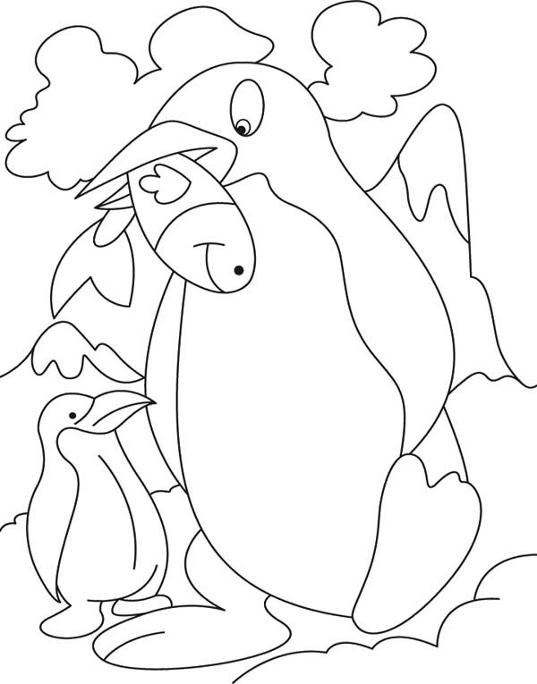 Penguins, : A Father Penguin Teach His Son about Hunting Coloring Page