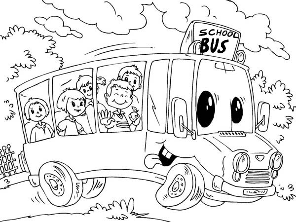 School Bus, : A Hilarious School Bus with Funky Drive Coloring Page