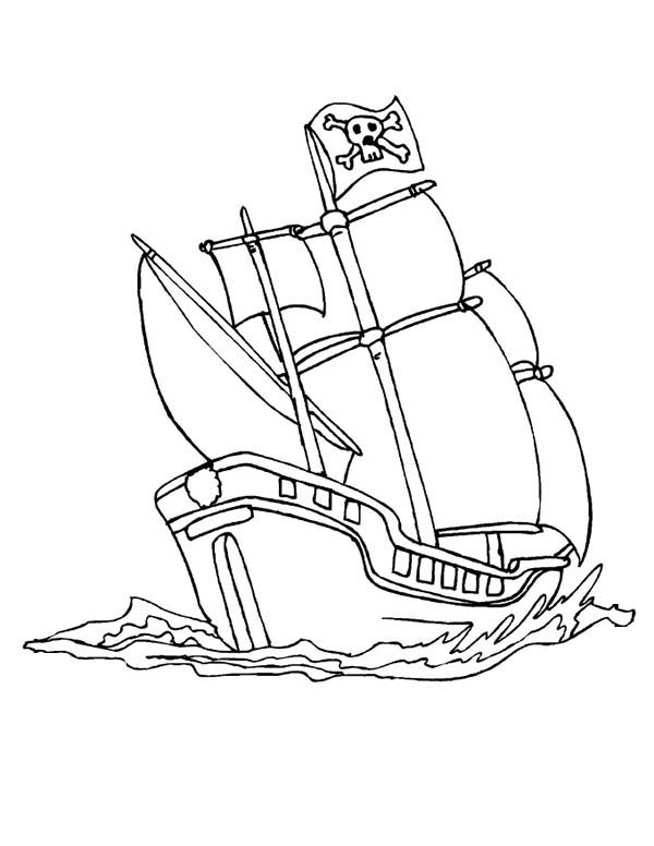 Pirate Ship, : A Pirate Ship Schooner in the Wave Coloring Page