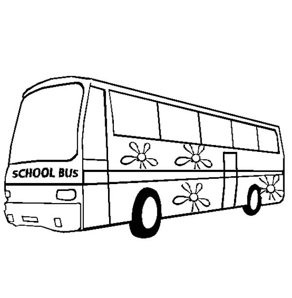 School Bus, : A Sweet School Bus with Flower Decoration Coloring Page