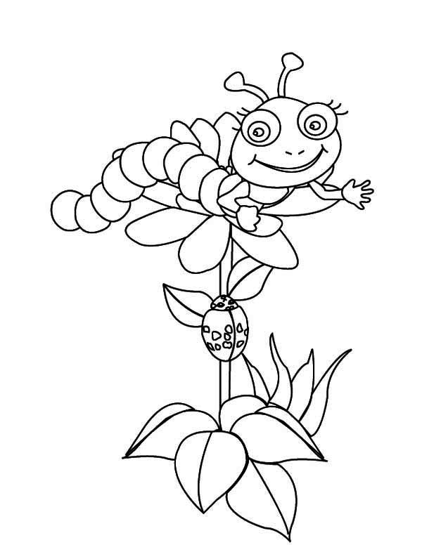 Caterpillars, : Cute Caterpillar Say Hi from the Flowers Top Coloring Page