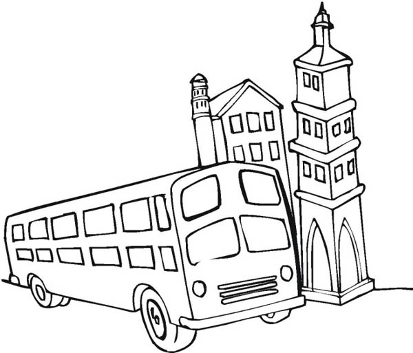 School Bus, : School Bus Beside a Church During School Field Trip Coloring Page