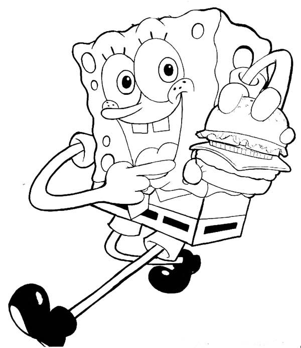 SpongeBob SquarePants, : SpongeBob Holding a Delicious Krabby Patty Coloring Page
