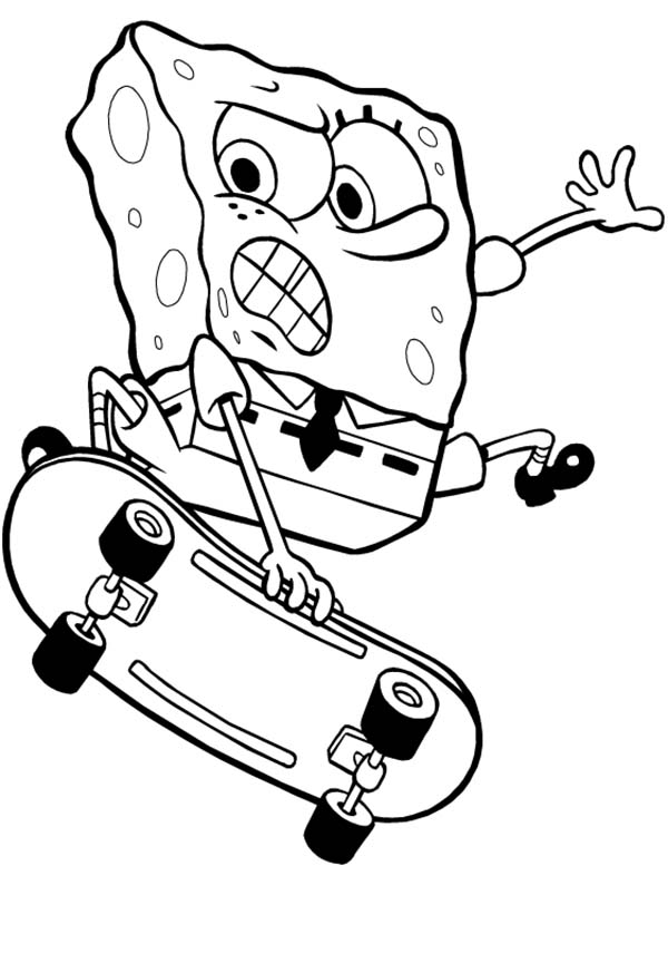 SpongeBob SquarePants, : SpongeBob Playing Skateboard Coloring Page