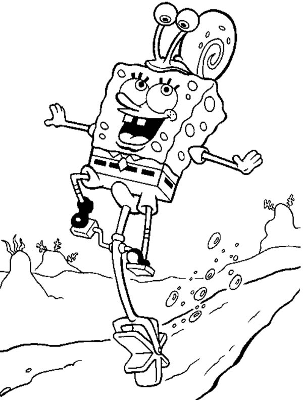SpongeBob SquarePants, : SpongeBob and Gary Riding a Bike Coloring Page