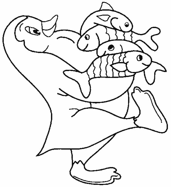 Penguins, : This Penguin Holding a Bunch of Fish for Lunch Coloring Page