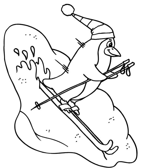 Penguins, : This Penguin is Playing Skii During Winter Coloring Page