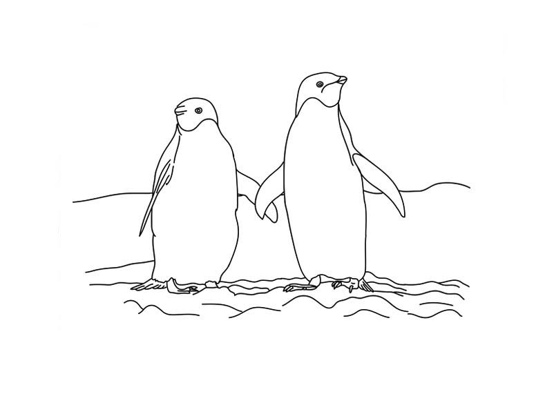 Penguins, : Two Penguins Holding Hand Together on the Snow Coloring Page