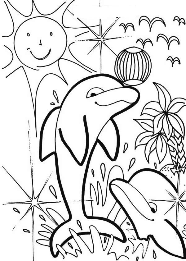 Dolphin, : dolphin-summer-beach-party-coloring-page.jpg