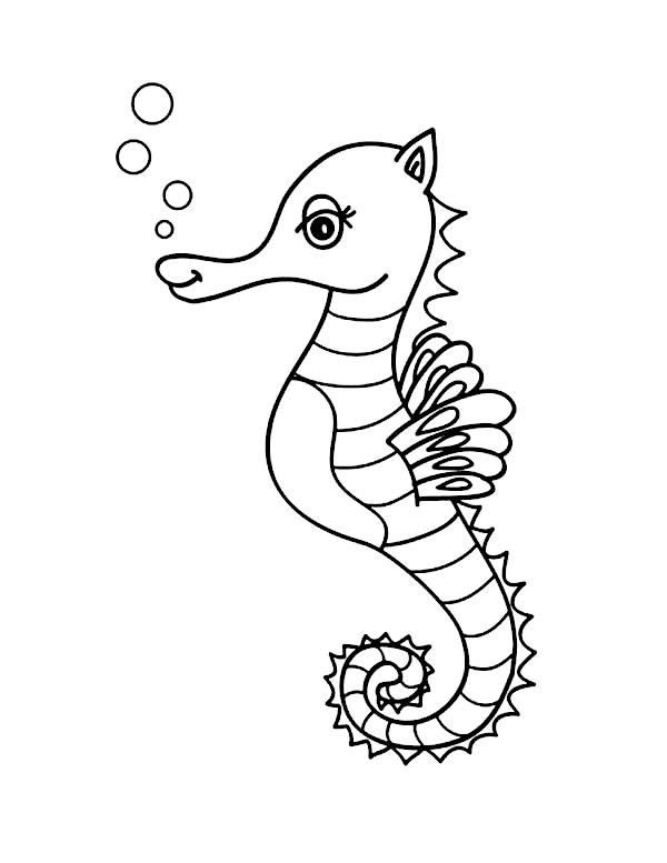 Seahorse, : A Cute and Girly Seahorse Coloring Page