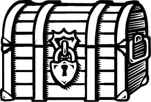 Treasure Chest, : A Drawing of Locked Treasure Chest Coloring Page