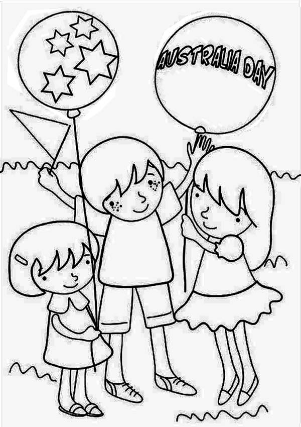 Australia Day, : A Group of Kids Celebrating Australia Day Coloring Page