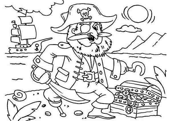 Treasure Chest, : A Pirate Captain in Wood Leg Found Treasure Chest Coloring Page