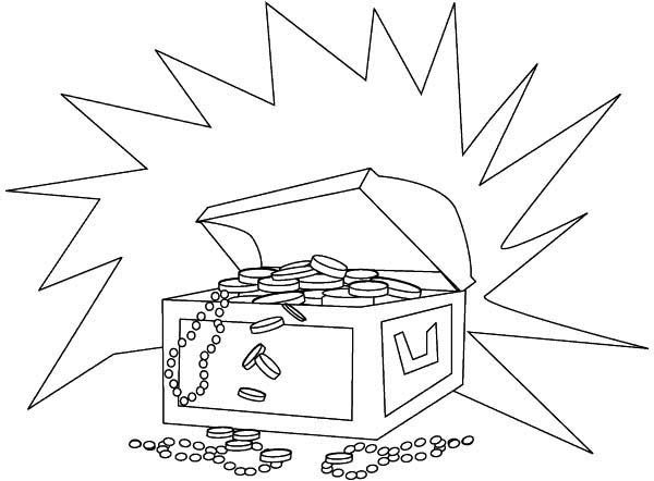 Treasure Chest, : A Shining Treasure Chest Filled of Gold Coins Coloring Page
