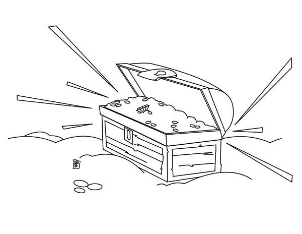 Treasure Chest, : A Sparkling Treasure Chest with Gold Coin Inside Coloring Page
