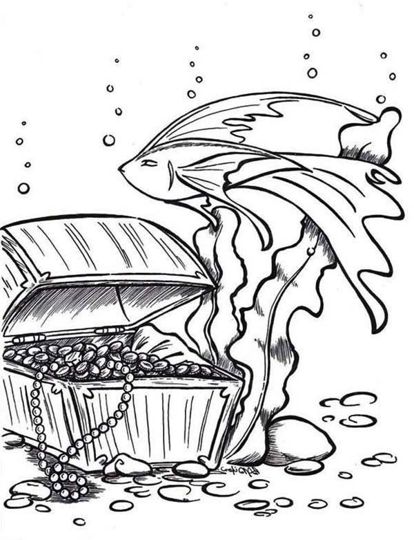 Treasure Chest, : An Opened Treasure Chest Deep in the Water Coloring Page