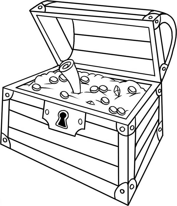 Treasure Chest, : An Opened Treasure Chest with a Treasure Map Inside Coloring Page