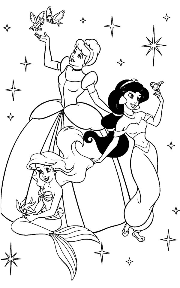 Disney Princesses, : Ariel, Jasmine and Cinderella as Disney Princesses Coloring Page