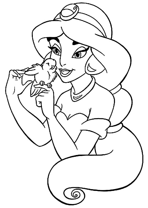 Disney Princesses, : Jasmine Playing with Little Bird on Disney Princesses Coloring Page
