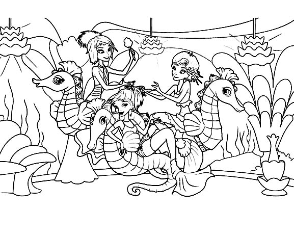 Seahorse, : Mermaids Playing with Seahorse Under the Sea Coloring Page