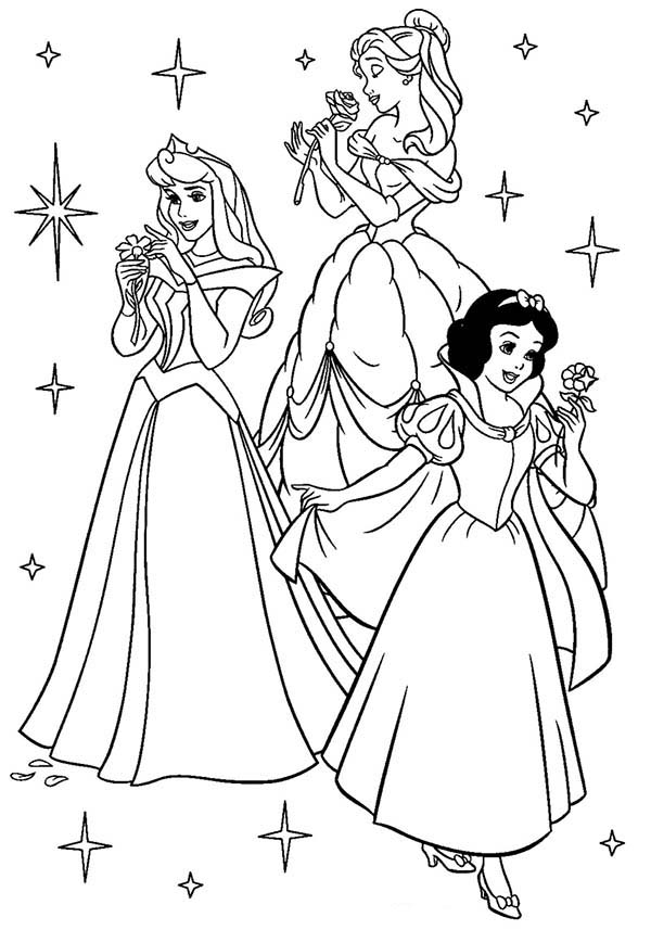 Disney Princesses, : Princess Aurora, Belle and Snow White on Disney Princesses Coloring Page