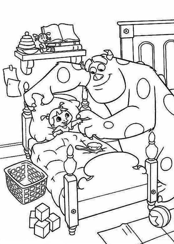 Monsters Inc, : Sulley is Tucking Boo into Bed in Monsters Inc Coloring Page