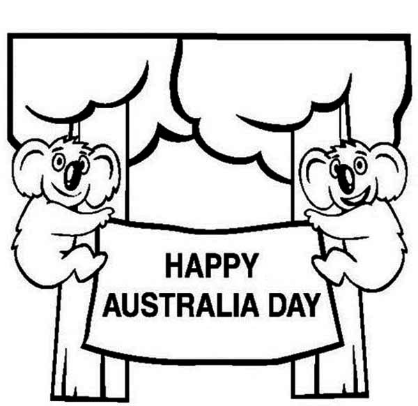 Australia Day, : Two Cute Koala's in the Tree Say Happy Australia Day Coloring Page