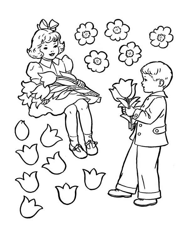 Valentine's Day, : Two Kids Showing Their Love on Valentine's Day Coloring Page