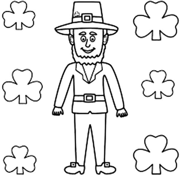 A Tall Leprechaun In Front Of Wall Full Of Shamrocks Coloring Page