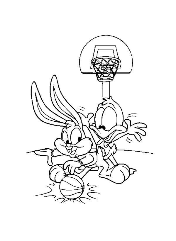 Baby Looney Tunes, : Baby Baby Bugs and Baby Daffy Playing Basketball in Baby Looney Tunes Coloring Page