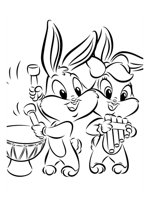 Baby Looney Tunes, : Baby Bugs and Baby Lola Play Drums in Baby Looney Tunes Coloring Page