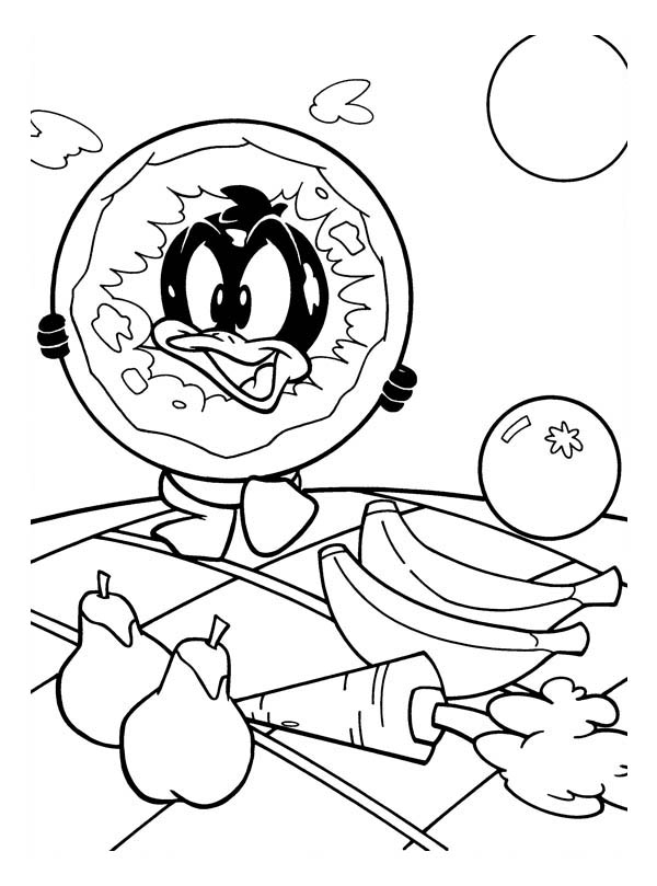 Baby Looney Tunes, : Baby Daffy Eating so Much in Baby Looney Tunes Coloring Page